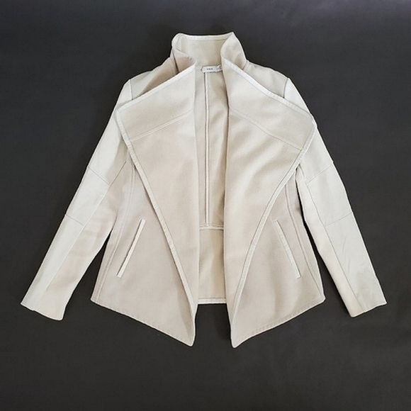 Vince Ivory White Leather Trim Wool Blend Drape Open Front Jacket - Picture 3 of 12